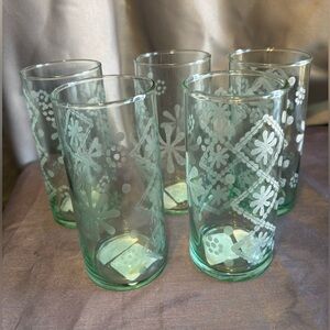 5- Etched Glass, Clear Hurricane, Green  tumblers/tea-light holders